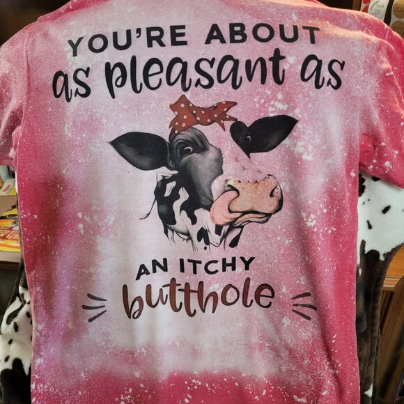 Cow Funny Red Bleached Unisex Tee Women Graphic Short Sleeve T-Shirt - Picture 2 of 6